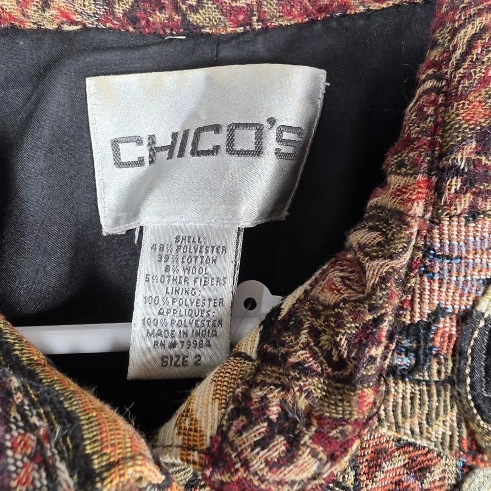 Chicos Tapestry Jacket Sz M Multicolor‎ Patchwork Bohemian Western